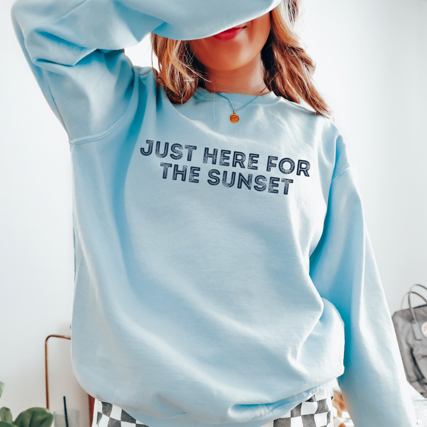 Chmabray Comfort Color sweatshirt- Just here for the Sunset.