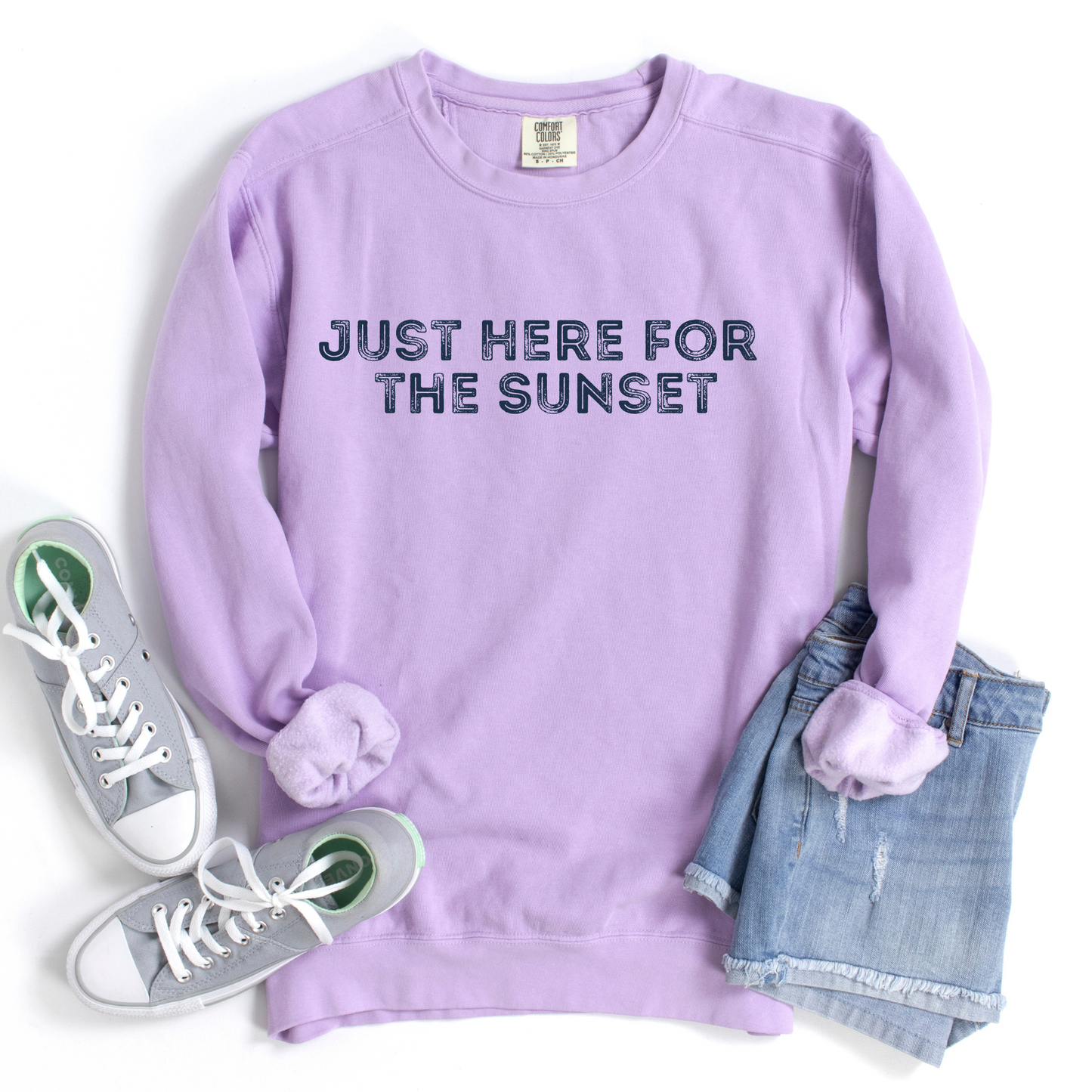 Orchid Comfort Color sweatshirt- Just here for the Sunset.