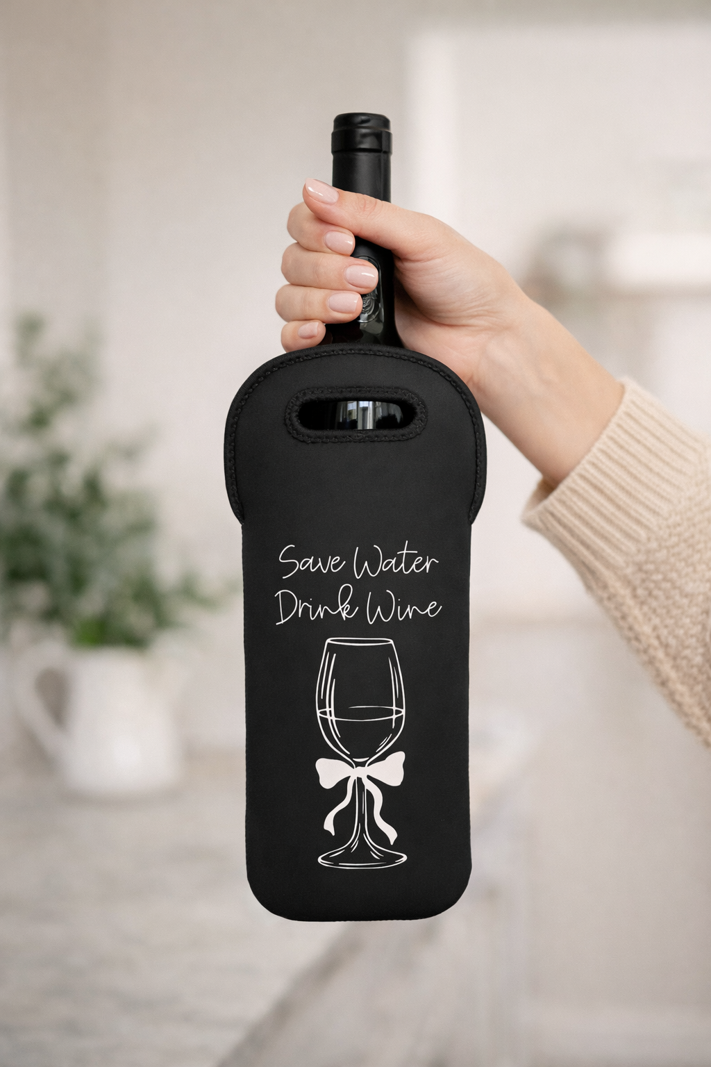 Save Water Drink Wine Wine- Neoprene Beverage Tote